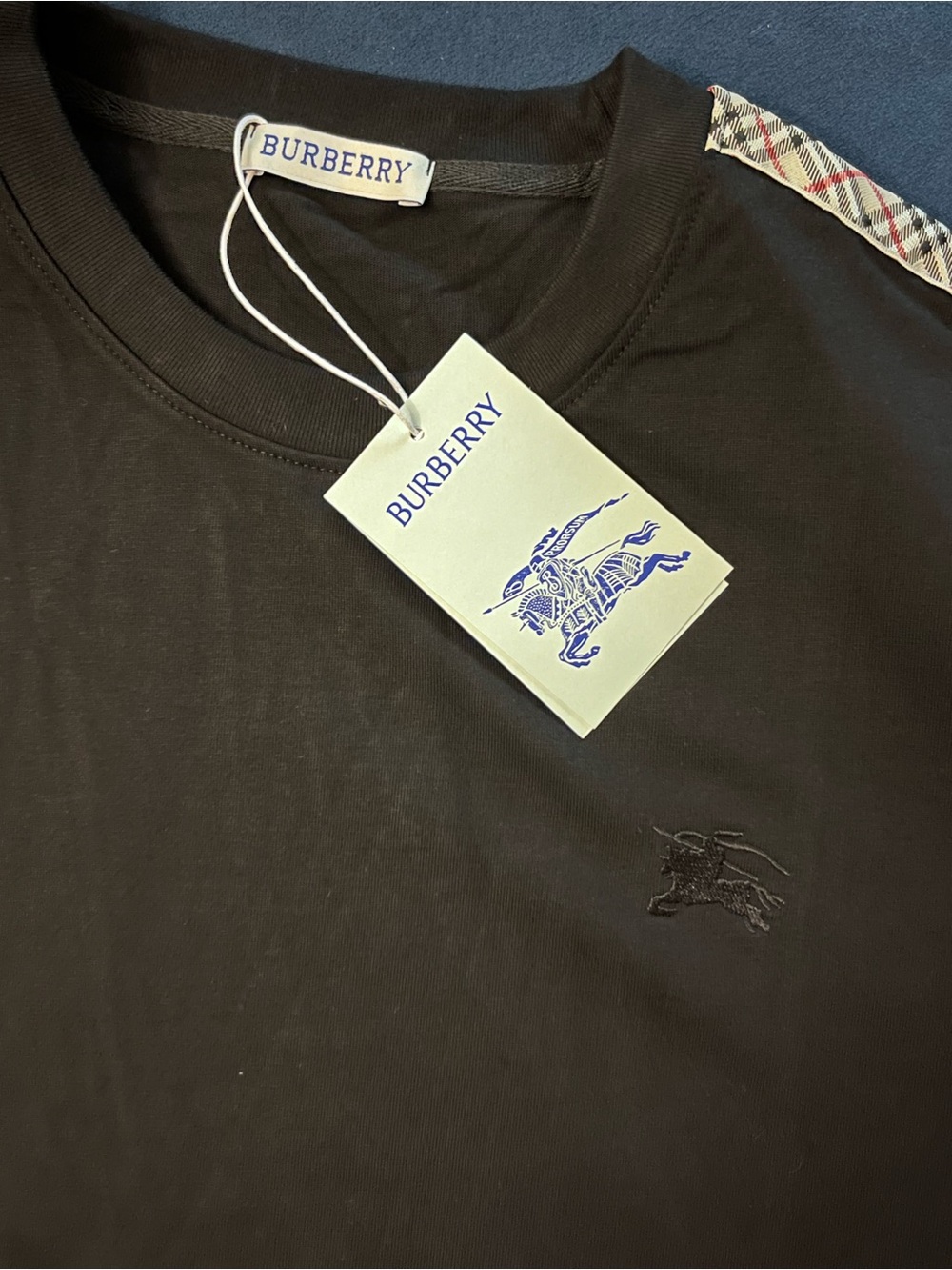 Burberry Black Short Sleeve Tee with Signature Check Shoulder Trim - Picture 2 of 3
